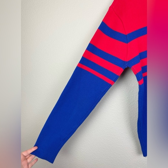 VTG 70s Liberty Bell Women's Medium Blue Red Striped Crewneck Apres Ski Sweater - Picture 7 of 11
